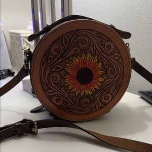 Brown Sunflower Embossed Round Bag
